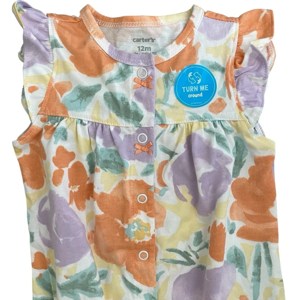 Carter's Pastel Floral Baby Romper Girl Size 12m Cotton Snap-Up Cute Girly‎ Chic